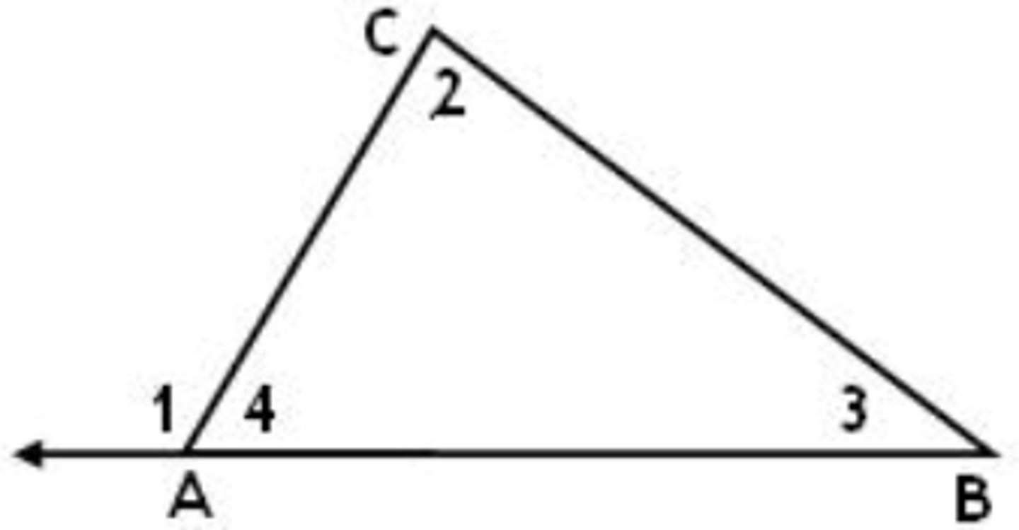 <p>The measure of an exterior angle of a triangle is equal to the sum of the non-adjacent ("remote") interior angles of the triangle.<br><br><b>Given</b>: ΔABC, exterior angle ∠1<br><b>Prove</b>: m∠1 = m∠2 + m∠3</p>