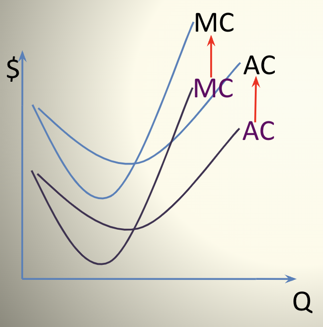 <p>at any given quantity (Q) the MC and AC will go up raising the cost structure</p>