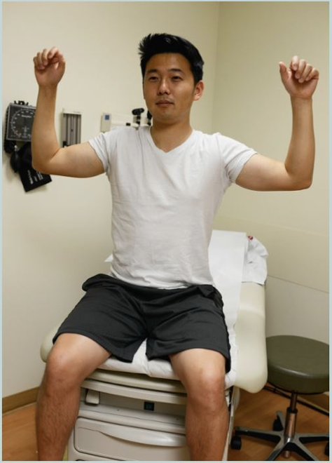 <p>-Procedure: Patient holds arm at right angles and the forearm flexed to 90 degree, patient is instructed to open and close his fist at moderate speed for 3 minutes. </p>