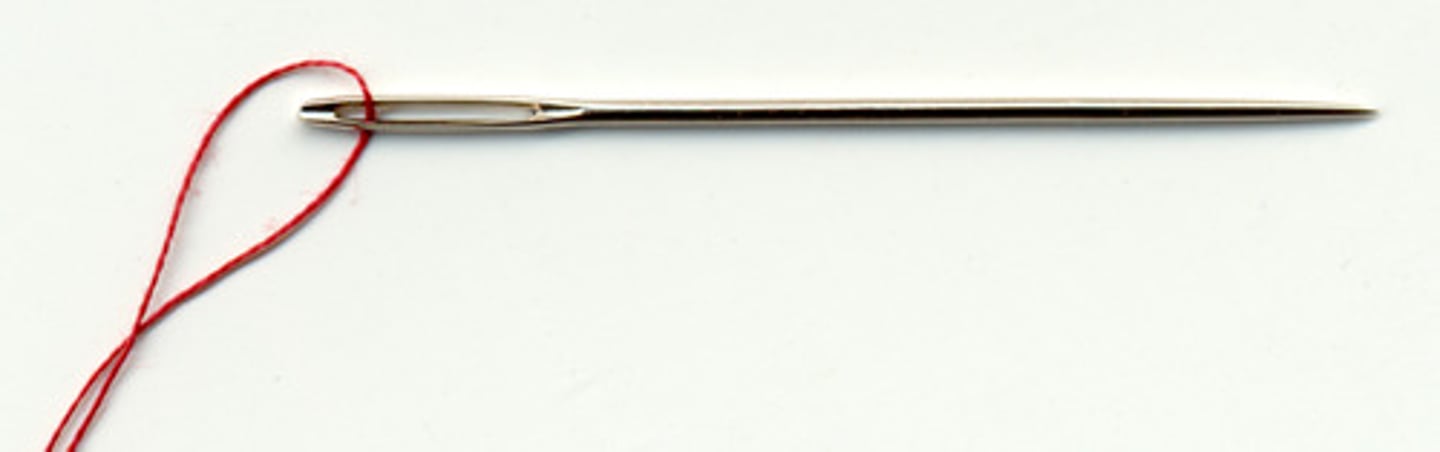 <p>a thin metal pin, used in sewing, that is pointed at one end and has a hole called an eye at the other end for thread (игла, иголка)<br><br>to look for a __________ in a haystack — искать иголку в стоге сена<br><br>I'm looking for a __________ and thread.<br>Я ищу иголку и нитку.<br><br>The __________ pierced her skin.<br>Игла пронзила её кожу.</p>