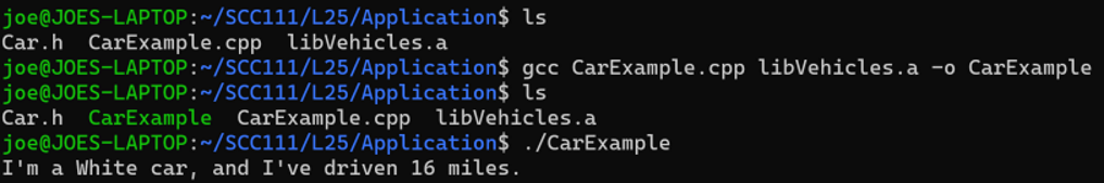 <p><span style="font-family: &quot;Open Sans&quot;, sans-serif">add the precompiled .a file when we compile the application (the thing with a main method in it)</span></p><ul><li><p><span style="font-family: &quot;Open Sans&quot;, sans-serif">you can add as many libraries as you like on the command line</span></p></li><li><p><span style="font-family: &quot;Open Sans&quot;, sans-serif">this provides strong decoupling of library code from application code…</span></p></li><li><p><span style="font-family: &quot;Open Sans&quot;, sans-serif">different programmers can develop the different parts at different times</span></p></li></ul><p></p>