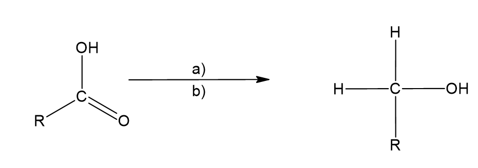<p>Hvad er a) og b) her (reduktion af carboxylsyre til primær alkohol)</p>