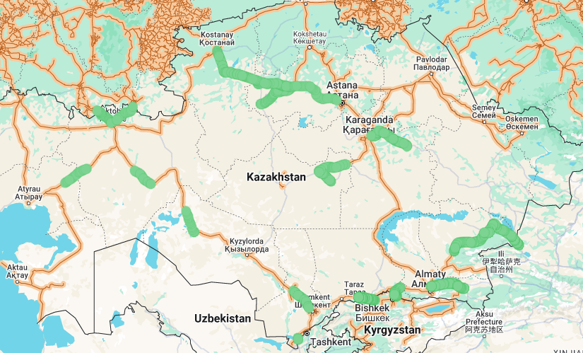 <p>A type, bends left</p><p><strong>June/July:</strong></p><p>The road from Kostanay to Astana</p><p>The road driving east/northeast from Akkol to Stepnogorsk (located north of Astana)</p><p>Aktobe region:</p><p>The road driving Northeast from Aktobe towards Orsk,</p><p>The road Northeast of Atyrau, (A type only between Zharly and Zhanterek),</p><p>The road driving northwest/southeast between Shalkar and Berchogur</p><p>Kyzylorda region:</p><p>The road driving north from Ayteke Bi to Aral</p><p>Short road near Tashkent driving from Lesbek-Batyr towards the Uzbekistan border</p><p>Downtown Zhezqazghan (dead middle of the country)</p><p></p><p><strong>August/September:</strong></p><p>Road driving Southwest from Atbasar (located between Astana and Kostanay)</p><p>The road driving east from Karaganda to Karkaraly</p><p>The road driving southwest/southeast from Atasu to Karazhal (located southwest of Karaganda)</p><p></p><p><strong>April</strong></p><p>The road driving southeast/northwest from Turkistan to Shymkent</p><p>The road east of Taraz (drives from Kogershin to Kyrgyzstan border)</p><p>The road north of Bishkek (driving south/southwest from Kenen to Korday which is right at the border, also drives a little bit to the east from Korday)</p><p>The road driving east/west from Almaty to Charyn Canyon National Park</p><p>The road driving from Taldykorgan first northeast and then southeast to the Chinese border</p><p></p>