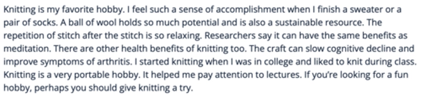 <p><strong>Which of the following sentences does not fit with the rest of the paragraph above?</strong></p><p></p><p>A. The repetition of stitch after stitch is so relax</p><p></p><p>B. There are other health benefits of knitting, too</p><p></p><p>C. A ball of wool holds so much potential, and is also a sustainable resource</p><p></p><p>D. It helps me pay attention during lectures</p>