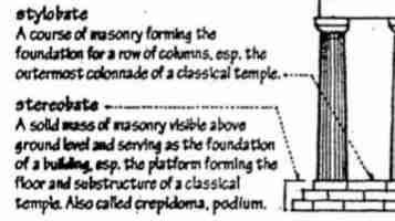 <p>A solid mass of masonry visible above ground level and serving as the foundation of a building esp. the platform forming the floor and substructure of a classical temple. Also, called crepidoma, podium.</p>