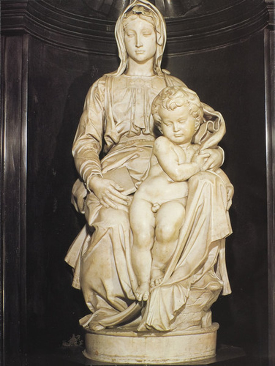<p>Most likely comissioned by Cardinal Piccolomini/Pope Pious III</p><p>-Intended for family alter in Sienna, but was never sent</p><p>-Bought by or comissioned by the Mouscron family</p><p>-Yan and Alexander Mouscron</p><p>-Only sculpture by Michelangelo that leaves Italy during his lifetime</p><p>-Monumental and Corporeal, with dramatic controposto</p><p>-Burnished finish</p>