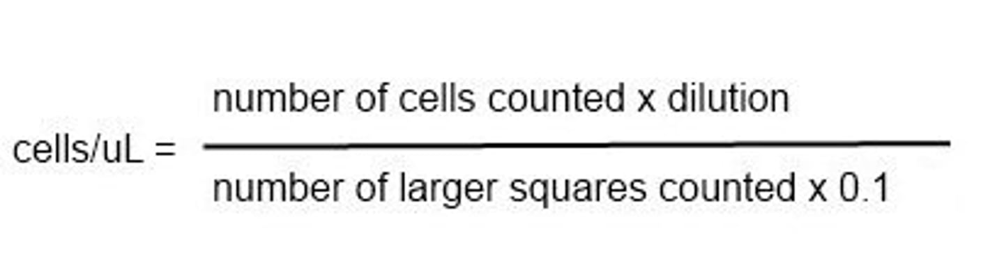 <p>A sample of cerebrospinal fluid is diluted 1:100; the standard 9 squares of a hemocytometer are counted on each side for a total of 18 large squares.</p><p>Side 1-- 186 nucleated cells counted</p><p>Side 2-- 184 nucleated cells counted</p><p>total nucleated cells = 370</p><p>Using the standard hemocytometer formula shown on the right, what is the nucleated cell count per microliter (µL)?</p><p>A. 1.03 x 10^4</p><p>B. 2.06 x 10^4</p><p>C. 4.62 x 10^4</p><p>D. 9.25 x 10^4</p>
