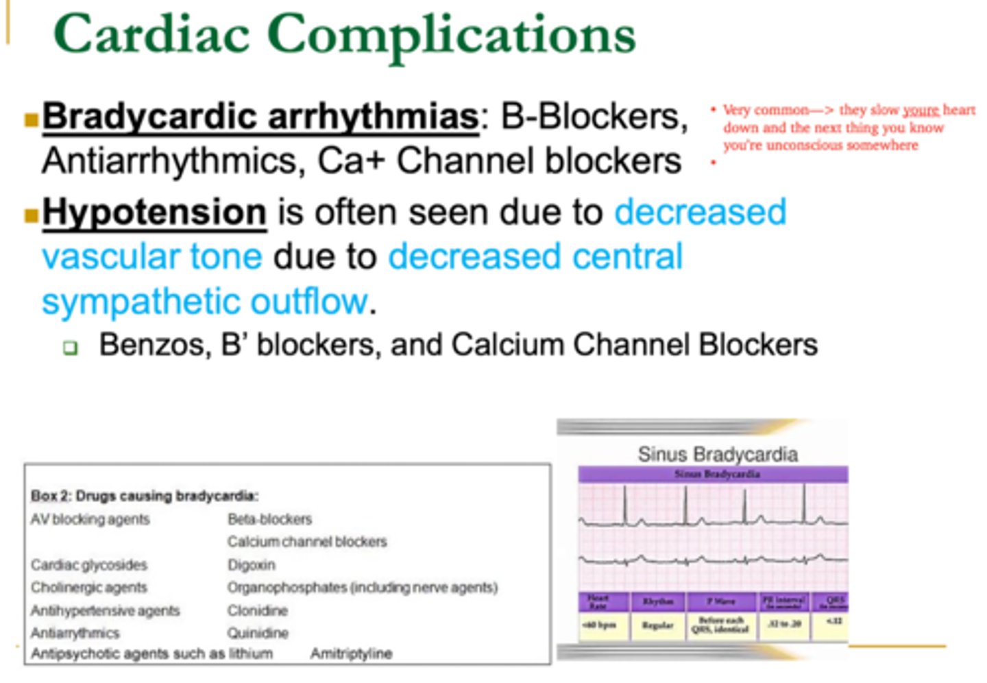 <p>Hypotension is often seen due to decreased vascular tone due to decrease sympathetic outflow. What medications can cause hypotension to happen 2/2 to overdose? </p>