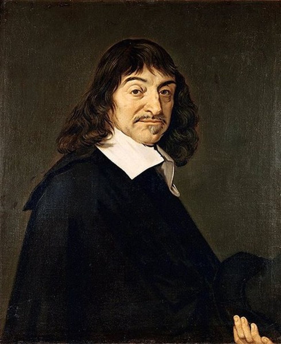 <p>Deductive thinker whose famous saying cogito, ergo sum ("I think, therefore I am") challenged the notion of truth as being derived from tradition and Scriptures. Stressed man's ability to think and use experimentation and math to find truth. Advocated deductive reasoning where the thinker moves from theory to facts that will support the theory. Inductive and deductive reasoning create the scientific method.</p>