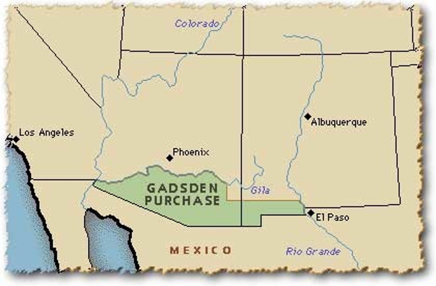 <p>Agreement w/ Mexico that gave the US parts of present-day New Mexico &amp; Arizona in exchange for $10 million; all but completed the continental expansion envisioned by those who believed in Manifest Destiny.</p>