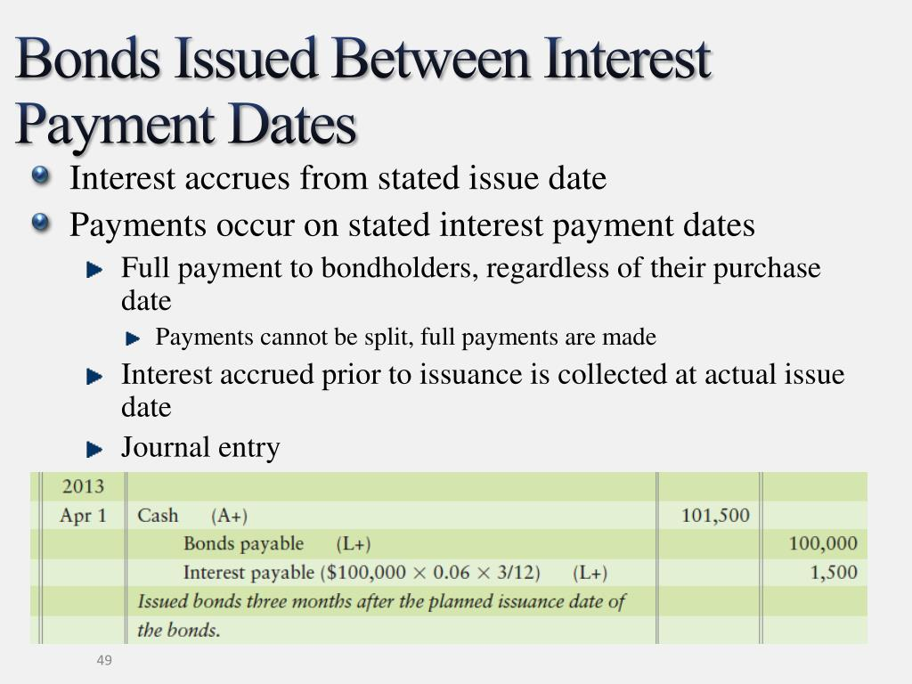 <p>Buyer pays <strong>accrued interest</strong> to seller at issuance (price = clean price + accrued). First coupon goes entirely to the <strong>holder</strong>.</p><p></p><ul><li><p>Purpose→ simplifies interest payments because then the issuer can just pay the same amount of interest to all bond holders, regardless of when they purchased and how much interest was accrued. </p></li></ul><p></p>
