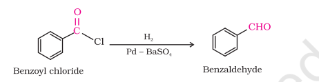 <p>R-COCL → [H<span>₂, Pd-BaSO₄] R-CHO</span></p><p><span>C₇H₅ClO (benzoyl chlrodie) </span>→ [H₂, Pd-BaSO₄] C<span>₆</span>H₅CHO (benzaldehyde)<br><br>CH<span>₃COCl → </span>[H₂, Pd-BaSO₄] CH₃CHO</p><p>The role BaSO₄ is to prevent further reduction of aldehydes to 1<span>ᵒ alcohol (since COOH and COOH derivatives (acyl chlorides) on reduction, convert to 1</span>ᵒ alcohol)</p><p></p>