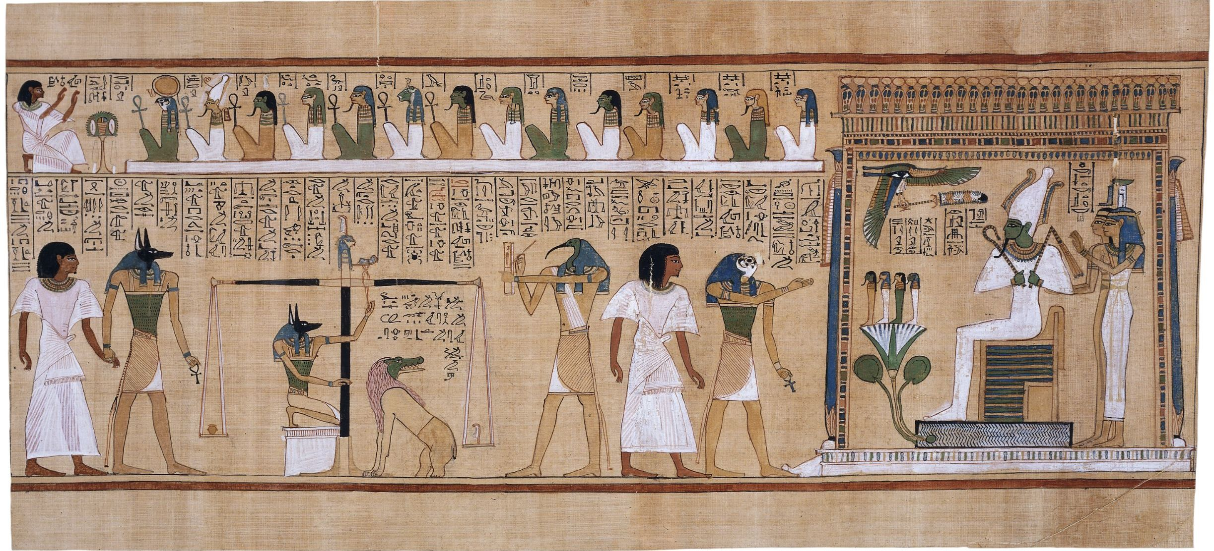 <p>Last Judgment of Hunefer, from his tomb (page from the <em>Book of the Dead</em>)</p><ul><li><p>New Kingdom, 19th Dynasty </p></li><li><p>c. 1275 BCE </p></li><li><p>painted papyrus scroll </p></li></ul><p></p>