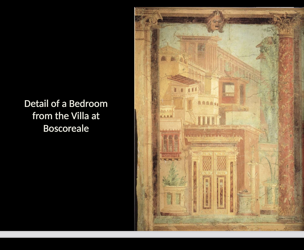 <p>Room M of the Villa of Publius Fannius Synistor, Boscoreale—second-style paintings (bedroom): </p><p>Describe Room M of the Villa of P. Fannius Synistor at Boscoreale. What style of Roman wall paintings are preserved in the villa? What are the characteristics of this style?</p>