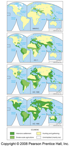 <p>The portion of Earth&apos;s surface occupied by permanent human settlement.</p><p>Has changed over time</p><p>Population clusters: South Asia, East Asia, Southeast Asia, Europe</p>