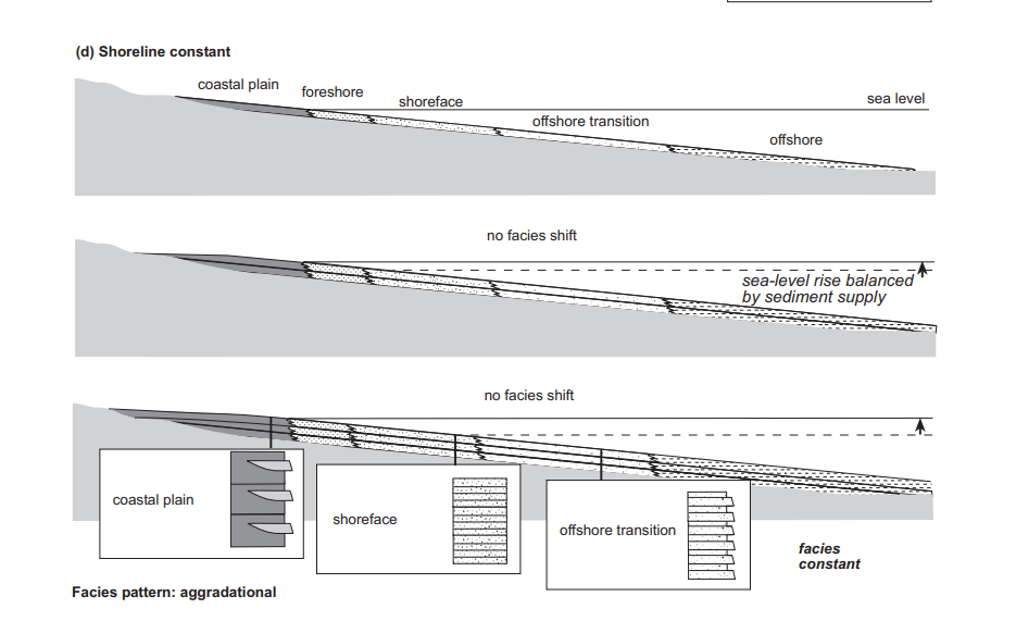 <p>Sediment supply=Sea level rise(Accomodation space=Sediment supply)</p><p>Constant facies.</p>