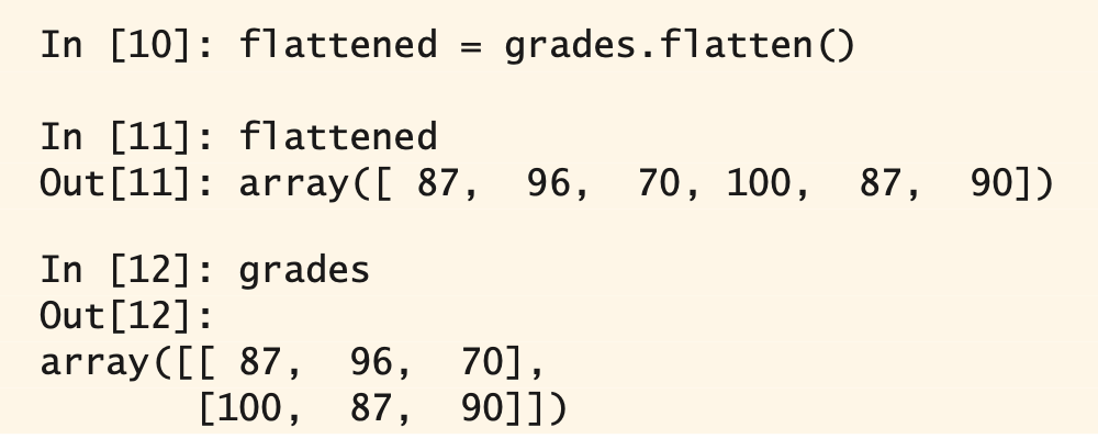 <p>Takes  a multidimensional array and flattens it into a single dimension. <strong>Deep copies the original array’s data</strong></p>
