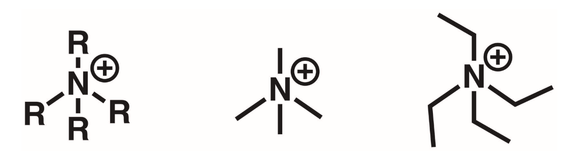 <p>N atom surrounded by 4 R groups. The N is + </p>