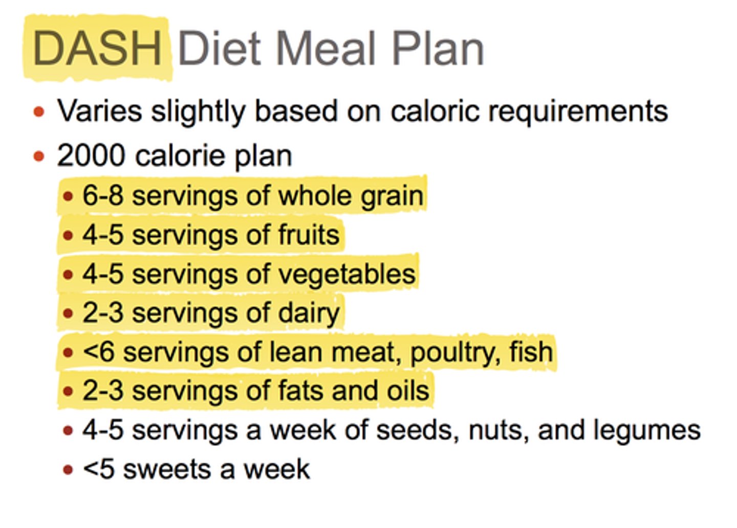 <p>low sodium, high potassium/calcium for hypertension</p>