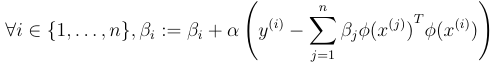 <p>We assume that at <u>some</u> point, theta can be represented as the image shows, for some beta_1, … , beta_n.</p><p></p><p>We claim in the next iteration, that theta is still a linear combination of phi(x(1)), … phi(x(n)), and then do some math magic to implicitly represent theta by the betas.</p>