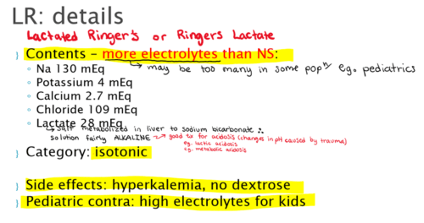 <p>- Na 130 mEq</p><p>- Potassium 4 mEq</p><p>- Calcium 2.7 mEq</p><p>- Chloride 109 mEq</p><p>- Lactate 28 mEq</p><p>(**more electrolytes than NS 0.9%)</p>