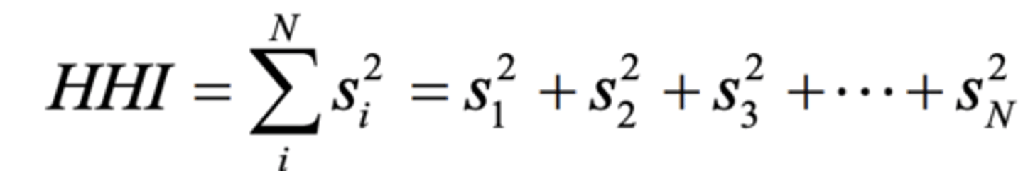 <p>Computed by aggregating the market share of each firm squared in the industry</p><p>The higher the less competitive (more concentrated)</p>