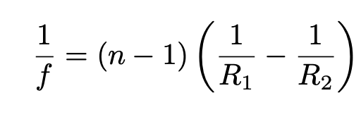 <p>used to determine the focal length of a lens by considering the curvature of each surface. For a thin lens of focal length f, index of refraction n with Radius of curvature R<span style="line-height: normal;">1 </span>and R<span style="line-height: normal;">2 </span>on the first and second surfaces respectively</p>