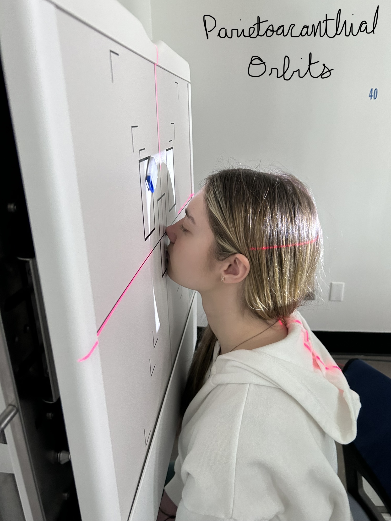 40” SID, 8” x 10” lw collimation, chin and nose in contact with IR, ensure 50º relationship between IR and OML, centering at MSP and exiting through the orbits