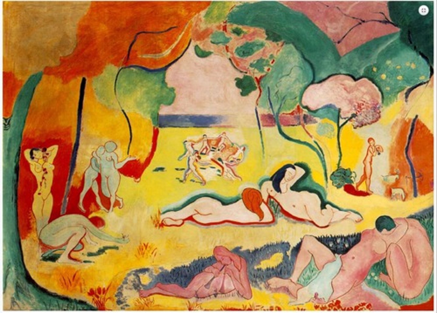 <p>Henri Matisse</p><p>1905-6</p><p>Style: Fauvism</p><p>Artist: One of group of painters influenced by Cezanne and other post impressionists. Paint like wild beasts "Fauv" in French.</p><p>Commissioner:</p><p>Original Location:</p><p>Characteristics: Bright wild colors. Sense of line. No perspective background. Red, orange, yellow, and pink colors for uplifting.</p><p>Function: Thought modern life was going too fast and wanted to spark joy in paintings.</p><p>Subject: People enjoying life. Dancing people. Couples. Women. Musicians. All relaxing in wilderness setting bearing no relation in color scheme to natural world.</p>