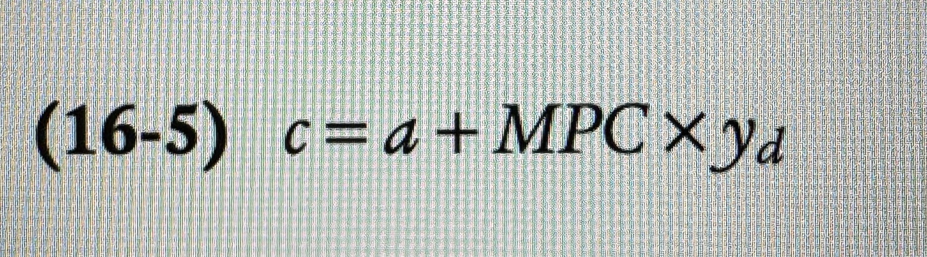 <p>An equation showing how an individuals households consumer spending varies with the household‘s current disposable income.</p>