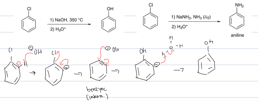 <p>Elimination addition</p><p>where the NH2 deprotonates allylic to leaving group putting a neg charge on that position. then the neg charge hops onto double bond to create triple bond and the benzyne intermediate and the LG leaves. then the NH2 attacks where the LG was and kicking out triple bond back to double, and then it is worked up in acid to re protonate </p>
