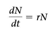 Equation for exponential growth
dN/dt = ___ at which population is increasing in size at each moment in time
N = population ____
r = _____ rate of increase (constant)