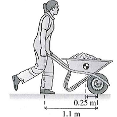 <p>A woman is pushing a load in a wheelbarrow, as in the figure. The combined mass of the wheelbarrow and the load is 110 kg, with a center of gravity 0.25 m behind the axle. The woman supports the wheelbarrow at the handles, 1.1 m behind the axle. </p><p>a. what is the force required to support the wheelbarrow?</p><p>b. what fraction of the weight of the wheelbarrow and the load does this force represent?</p>