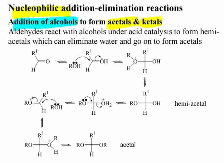 <p><span>Aldehydes react with alcohols to form hemiacetals; further reaction produces acetals.</span></p>