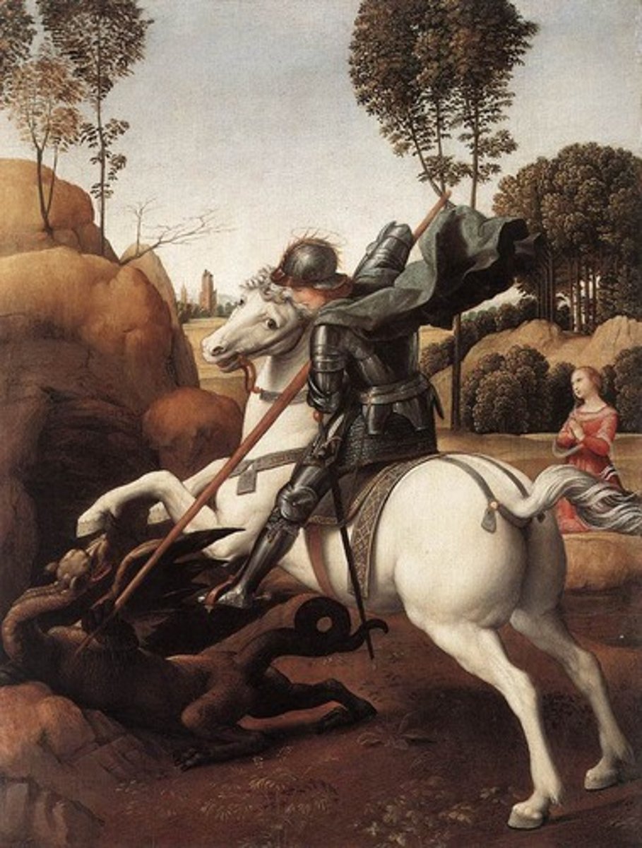 <p>Artist: Raphael</p><p>Location: National Gallery of Art</p><p>Medium: Oil Paint</p><p>Patron: Guidobaldo da Montefeltro (Duke of Urbino)</p><p>Important Info:</p><p>Which artist likely inspired this work? Leonardo and Donatello</p>