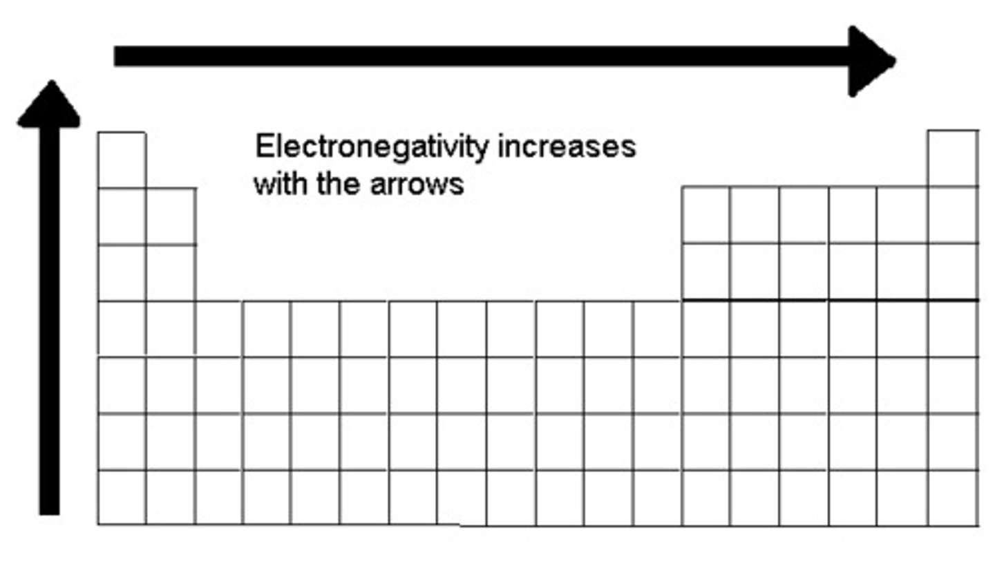 <p>-force the atom exerts on an electron in a bond</p><p>-of the noble gases only Kr and Xe have an EN</p><p>-increases going up a group</p><p>-increases from left to right across periods</p>