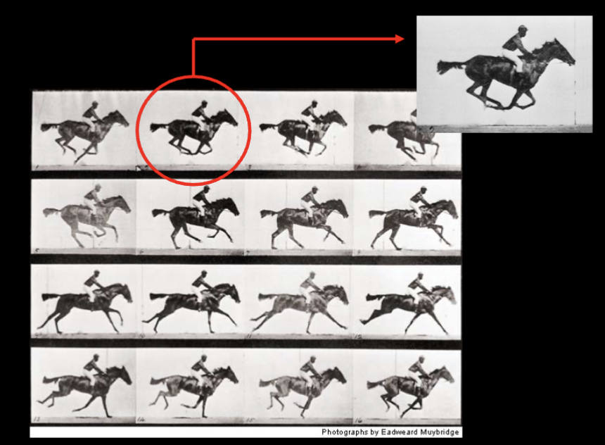 <ul><li><p>Horse race question</p><ul><li><p>All 4 of a horse’s hooves are off the ground at the same time during a gallop</p></li></ul></li><li><p>Painting showed the front and rear legs extended and backwards&nbsp;</p></li><li><p>To prove scientifically…&nbsp;</p><ul><li><p>Cali governor Stanford hired Muybridge to photograph a horse in fast motion (1878)</p></li></ul></li></ul><p></p>