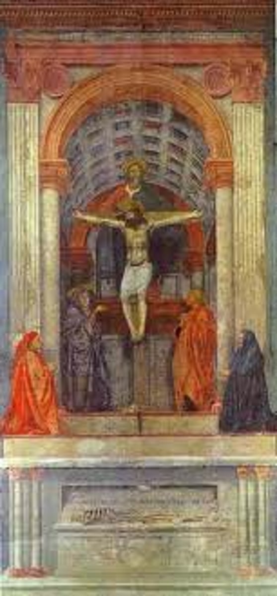 <p>Shows linear perspective. Masaccio was likely supervised by Brunelleschi. There are two levels in the painting. There is the barrel (tunnel) vaulted chapel and Virgin Mary and St. John near Christ in the front. God the father is behind Christ; between them is a dove (the Holy Ghost) thus showing the Holy Trinity. Below the saints are the donors of chapel Lorenzo Lenzi and his wife kneeling. Also painted is a tomb with a skeleton with an inscription above it in Latin reminding spectators "I was once what you are and what I am you will become"/death (common in Western art). Vanishing point at the foot of the cross so look up at trinity and look down at tomb. Illusion of actual structure is so exact you can get the dimensions of the chapel.</p>