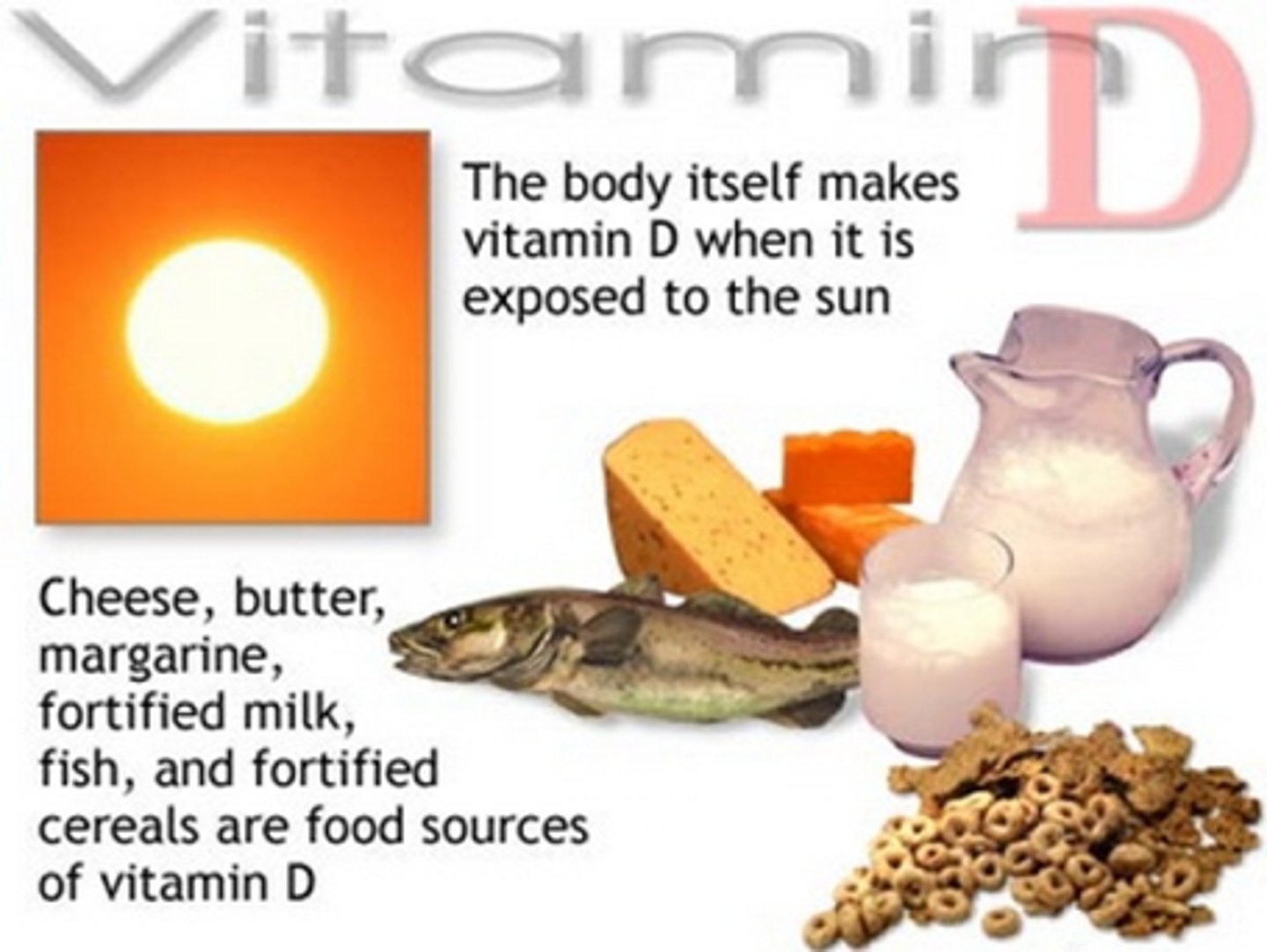 <p>sunlight exposure, salmon, fortified whole milk, fortified cereal, cheese, butter, and margarine</p><p>Vitamin D - can make in body via sunlight (UV light). To have a a vitamin D deficiency develop, deficient in diet but also location where ur not getting enough sunlight exposure. Higher latitudes - dietary deficiency + not getting enough sunlight exposure</p>