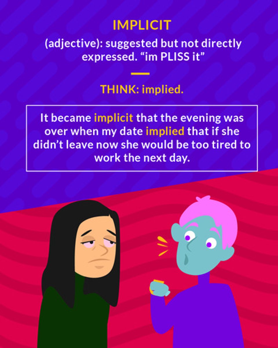 <p>(adj.) implied or understood though unexpressed; without doubts or reservations, unquestioning; potentially contained in</p><p>(adj.) suggested but not directly expressed</p>
