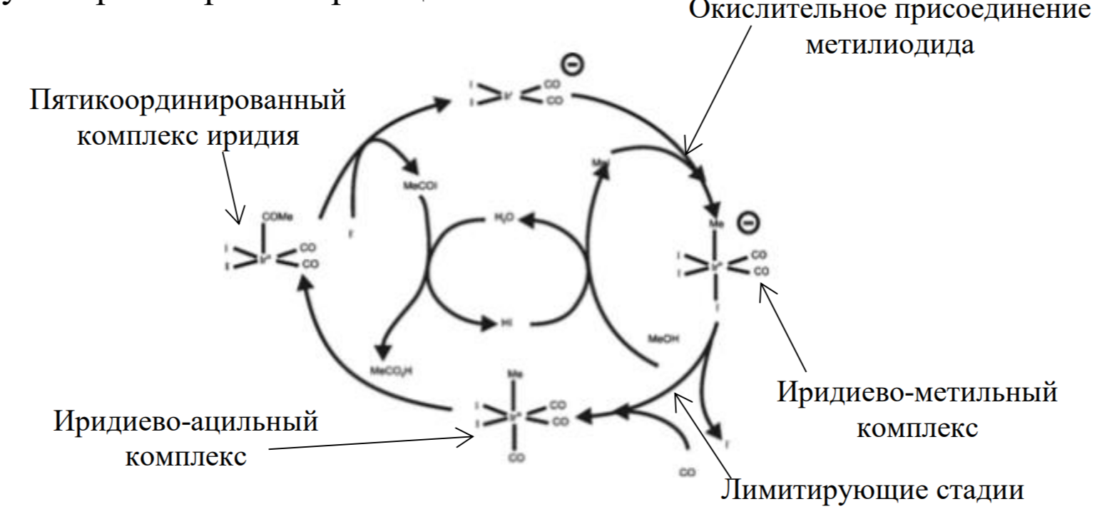 <p>Преимущества: </p><p>• Стабильны при низких концентрациях H2O (0,5 %) </p><p>• Более стабильны при высоких температурах</p><p> • Более стабильны при дефиците СО </p><p>• Лучше растворимы в реакционной массе</p><p>Лимитирующая стадия - миграционное включение СО с образованием иридиево-ацильного комплекса, которое включает элиминирование йодид иона и координация доп. Молекулы СО. Для удаления [I-] из реакционной смеси используют простые йодидные комплексы Zn, Cd, Hg, Ga и Ir, а также карбонил-иодидные комплексы Ta, Re, Ru и Os. Использование промоторов способствует росту доли “активных” анионных комплексов [Ir(CO)2I3Me] и понижению доли “неактивных” [Ir(CO)2I4]- и [Ir(CO)3I3]-, которые образуются в реакции паровой конверсии СО.</p><p></p>