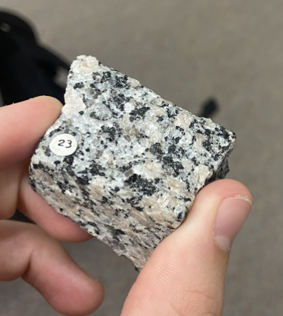 <p>Granite, Has pinkish spots unlike hornblende, <strong>Igneous</strong></p>