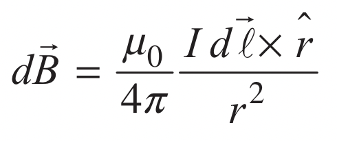 <ul><li><p>magnetic field due to the differential length of a wire</p></li><li><p><strong><mark data-color="yellow">dB = (Iµ<sub>0</sub>/4πr<sup>2</sup>) dL * r̂</mark></strong></p><ul><li><p>r̂ is a vector; distance</p></li></ul></li><li><p>magnetic field will increase if there is more current, if the wire is closer to the point of interest, or if r̂ is more perpendicular to the dL</p></li></ul>