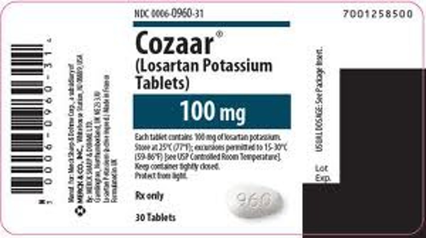 <p>Brand: Cozaar</p><p>Class: ARB</p><p>Indication: Antihypertensive</p><p>Schedule: NCLM</p>