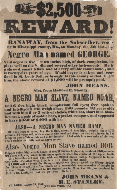 <p>Runaway slave ad - 1852</p>