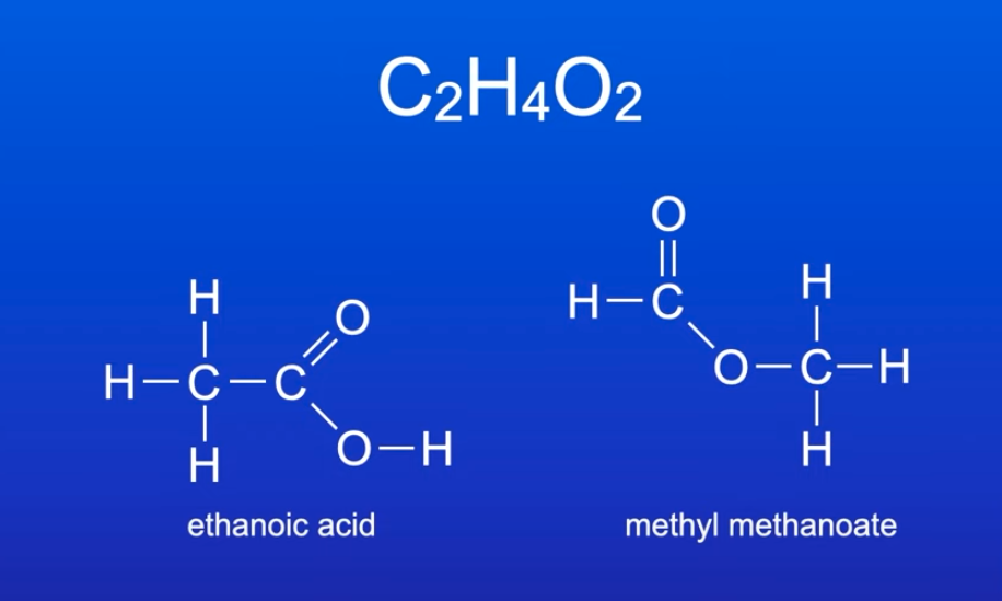 <ul><li><p>structural isomers w/ same molecular formula but different functional groups</p></li><li><p>e.g. ethanoic acid and methylmethanoate </p></li></ul><p></p>