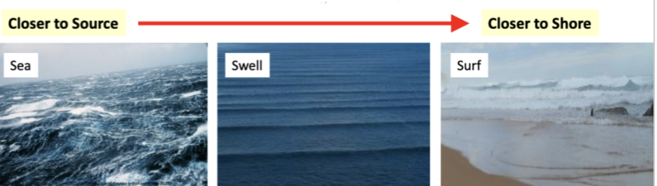           

Waves organise themsleves by period and travel in groups called swells

\-Energy from wind being transferred to the waves

\-Waves travel in a similar direction and propagate, waves that travel the same speeds will travel together

\-Interact with bottom of ocean form, release energy

      