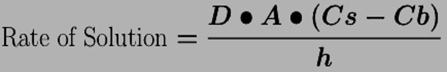 <ul><li><p>Solid dosage forms must dissolve into solution before absorption into blood</p></li><li><p>D= diffusion coefficient</p></li><li><p>A= surface area (of drug)</p></li><li><p>Cs= solubility of drug</p></li><li><p>Cb=concentration of drug in bulk</p></li><li><p>h=thickness of dissolution layer</p></li></ul><p></p>