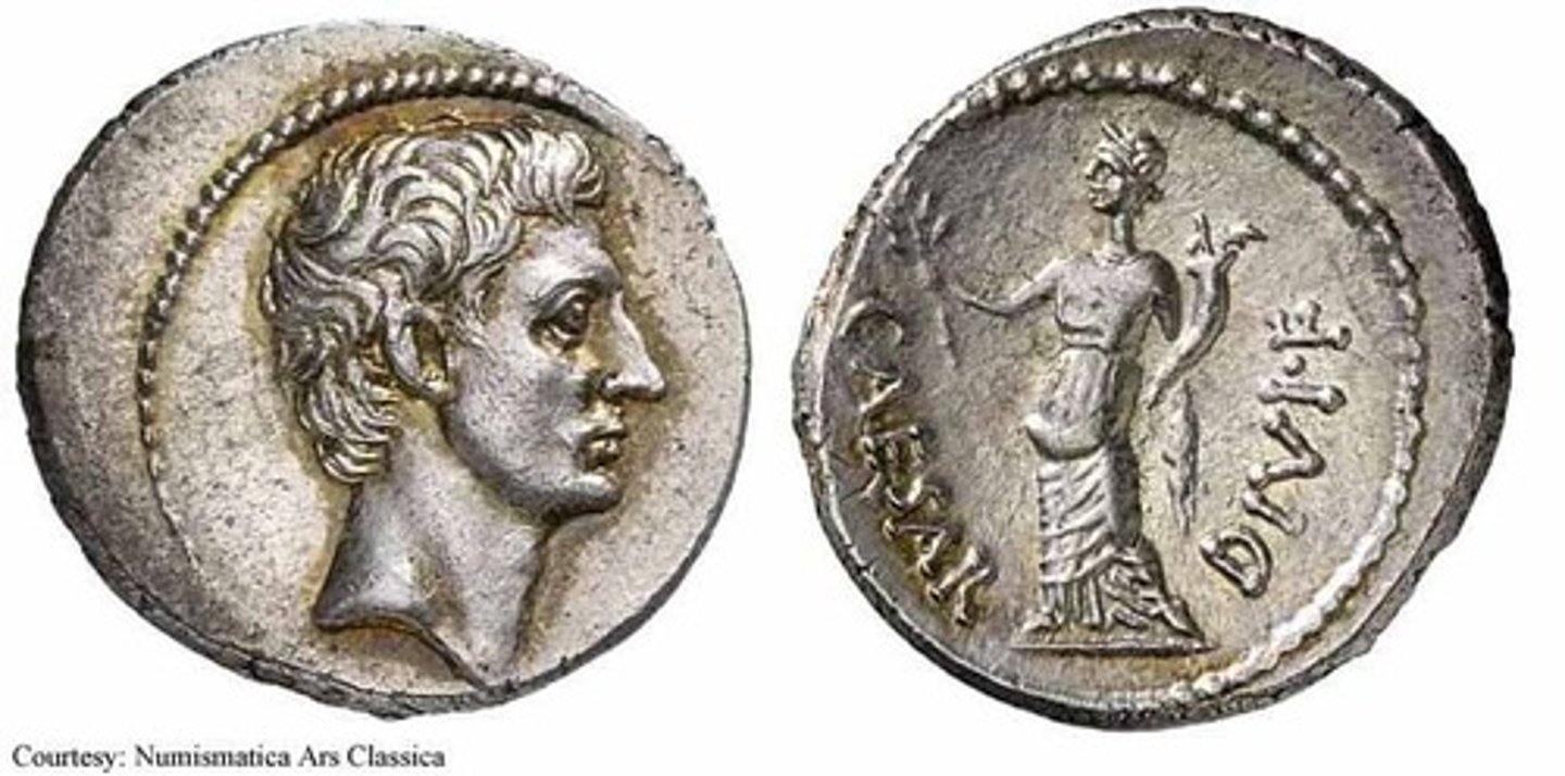 <p>32-29BC</p><ul><li><p>displays Pax goddess who is the personification of peace</p><ul><li><p>shows how Oct is the bringer of peace</p></li></ul></li><li><p>Symbolised stability and prosperity</p></li><li><p>Oct still has no laurel wreath - not aligning himself with caesars image too closely </p></li></ul><p></p><ul><li><p>the legend says: ‘divi fillius‘</p><ul><li><p>meaning son of a god </p><ul><li><p>legitimising Octs power + powerful propagnda tool</p></li></ul></li></ul></li></ul><p></p>