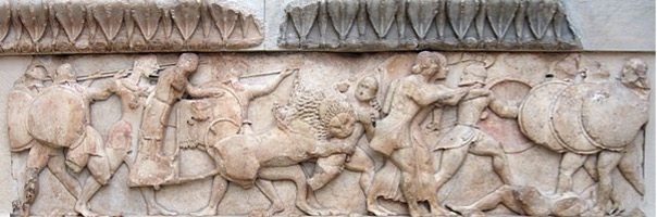 * **Victory of civilisation** and order over barbarity ​
* **Visible to pilgrims** walking up the Sacred Way to the oracle ​
* Perhaps not coincidental they were **faced with the story of why these gods are worshipped** instead of the Titans as they walked to consult their god Apollo​
* The **giants** are shown **heavily armed** with **helmets, breastplates, shields** ​
* The **gods** are shown **attacking** on the left with **spears, swords and arrows** ​